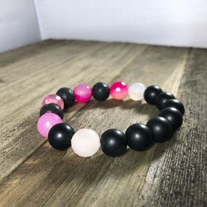 Pink Agate, Lava Bead, Matte Black Onyx Bracelet